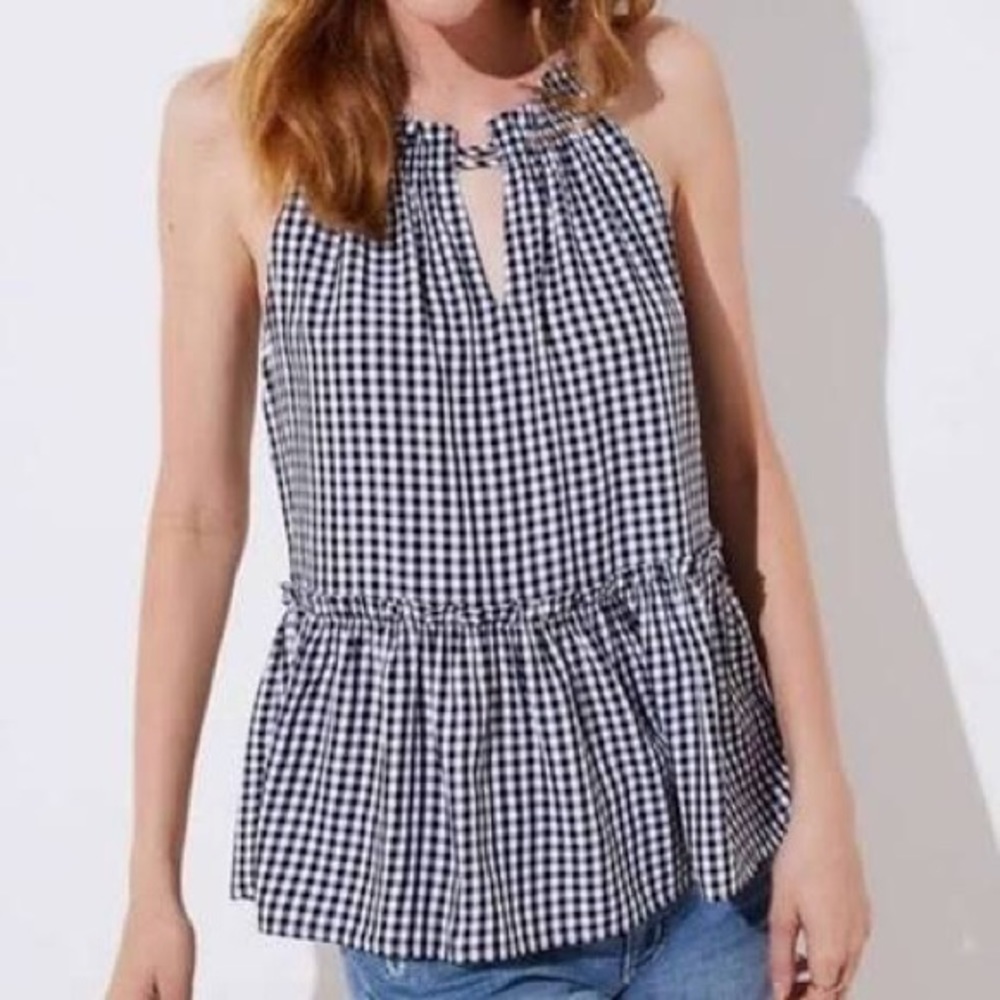 LOFT Black White Gingham Halter Top Peplum XS-P